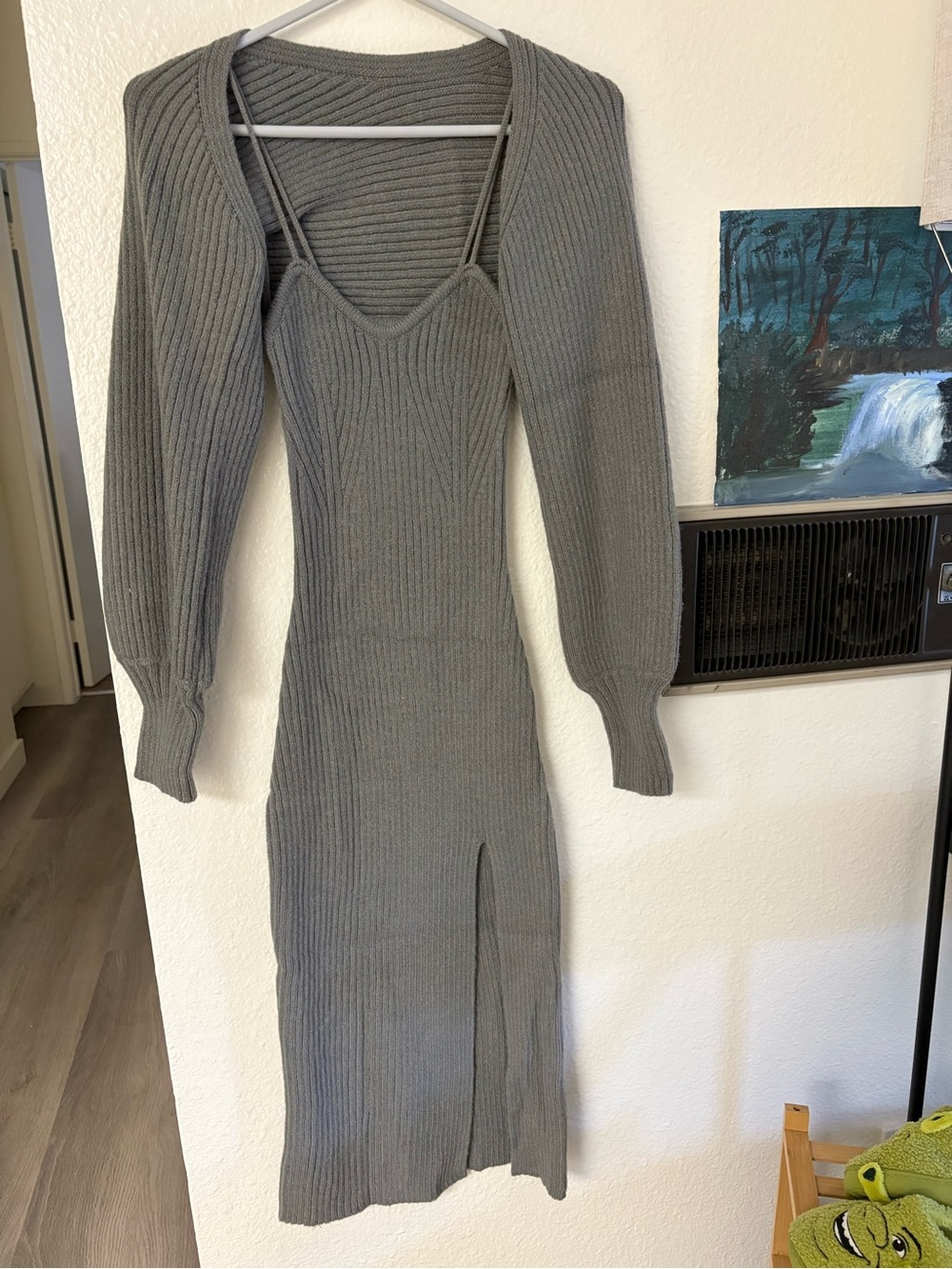 Cider Grey Ribbed Knit Midi Dress with Front Slit